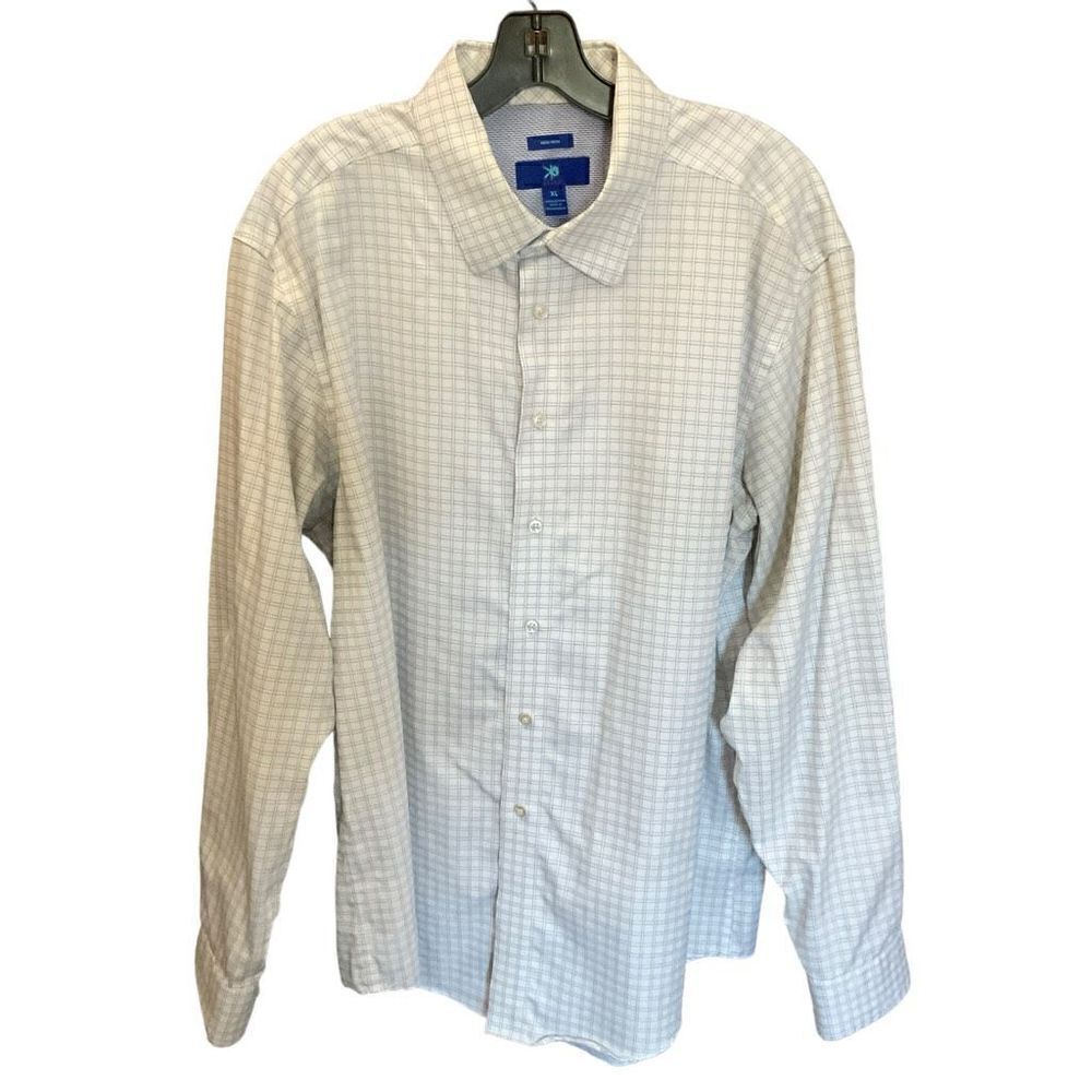Egara Shirt Mens Button Down Cotton White Blue Square Print Non Iron Men Size XL